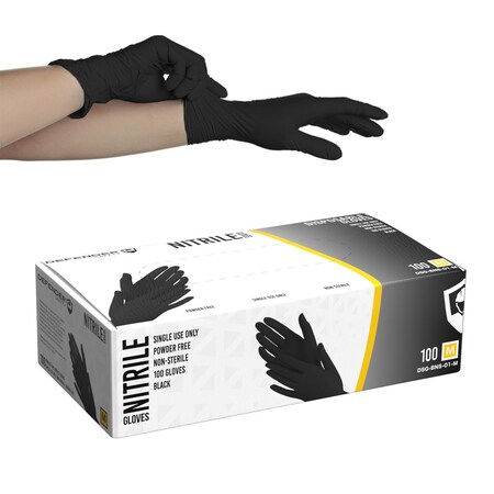Defender Safety DSG-BNS-01, Nitrile Disposable Gloves, 4 Mil Palm, Nitrile, Powder-Free, M, 100 PK, Black DSG-BNS-01-M